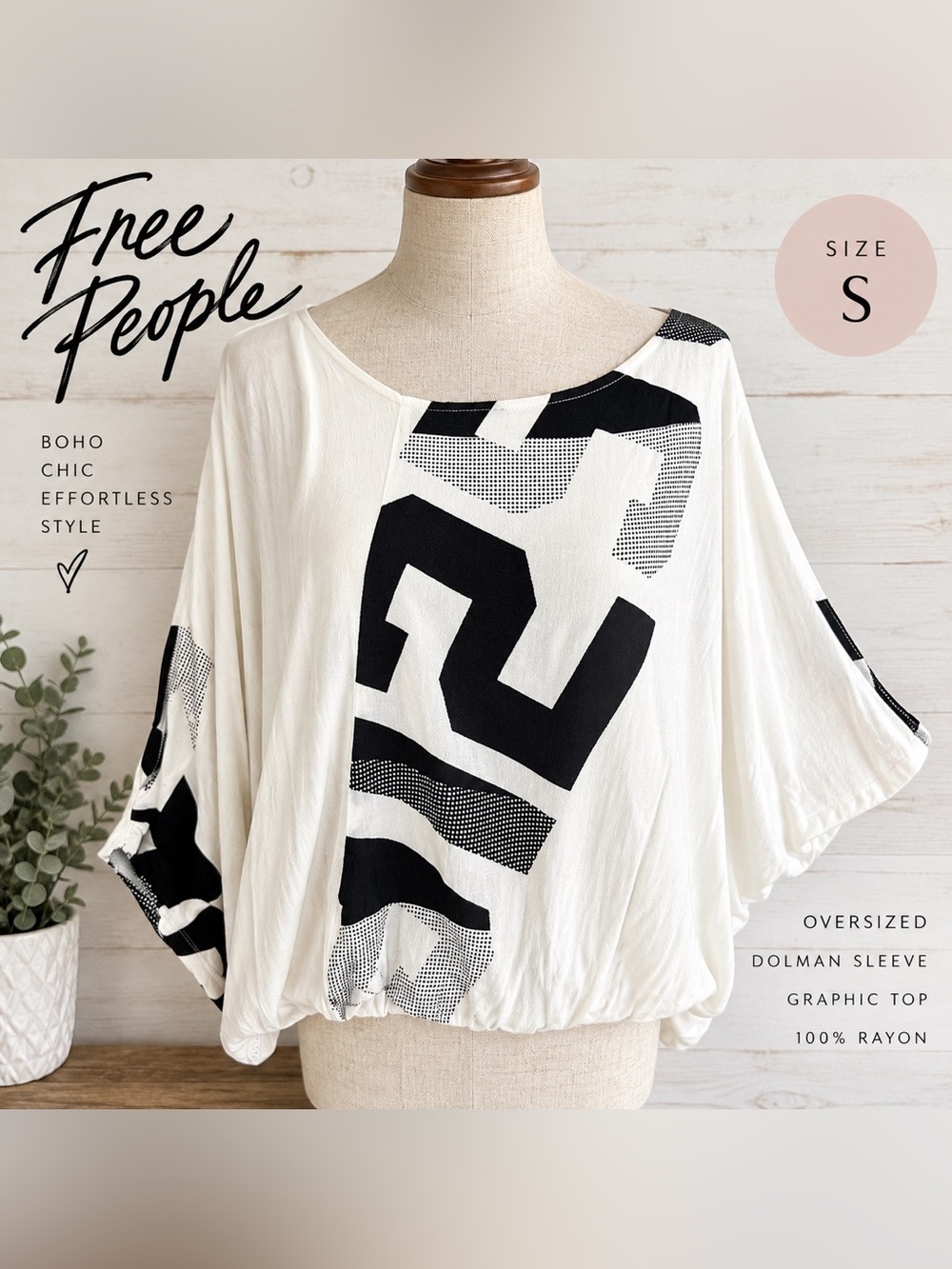 Free People Black White Graphic Number 2 Dolman Top Size S